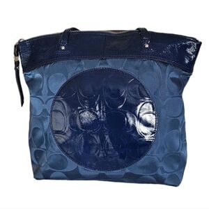 Coach Laura patent leather satin fabric navy blue sholder tote bag.